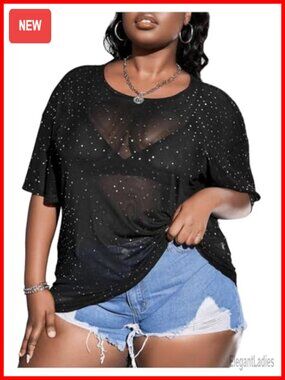 Plus Size Glitter Mesh Sequin See Through Top Short Sleeve Crop
